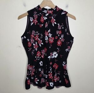 Milly Red Black Twilight Floral Sleeveless Peplum Top Size Medium